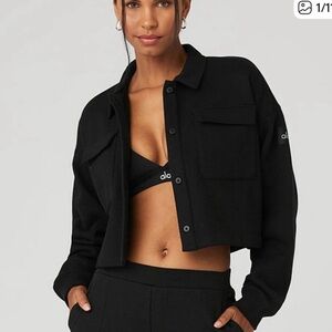 Alo Renown Cropped Button-Up Jacket Black French Terry Sweatshirt Coat Shacket S